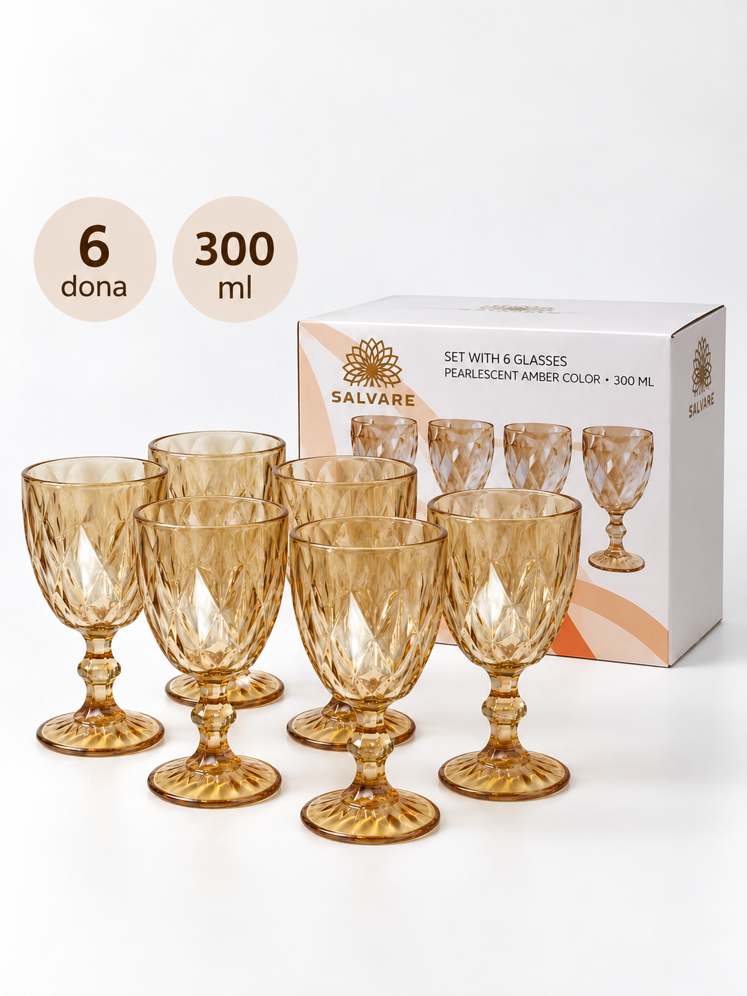 Salvare fujerlar to‘plami, 6 dona, 300 ml, kahrabo rangli shisha qadahlar - 