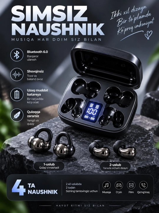 Simsiz Bluetooth quloqchinlar, sensorli boshqaruv va sifatli ovoz bilan