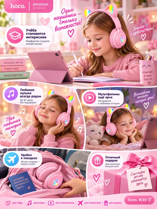 Bolalar uchun HOCO W39 simsiz quloqchinlari, mushuk quloqchali, Bluetooth 5.3, chiroqli