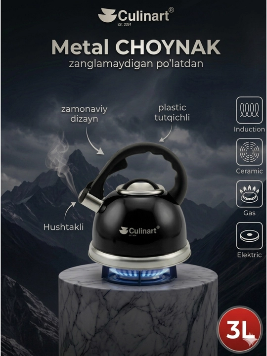 Choynak, Culinart hushtakli choynak, 3 litr, zanglamaydigan po‘latdan, gaz plitalar uchun - 