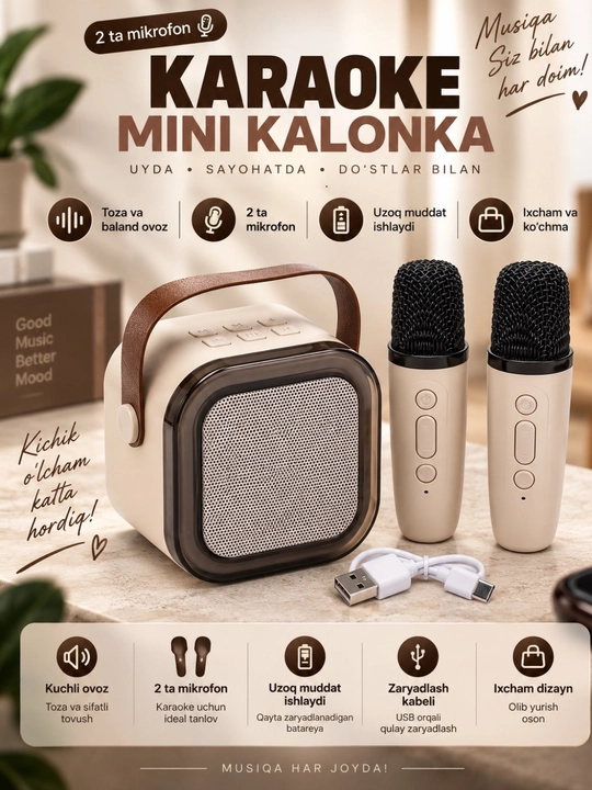 KK-02 Bluetooth karaoke kolonkasi simsiz mikrofon  RGB yoritgich bilan mikrofonli kalonka - 