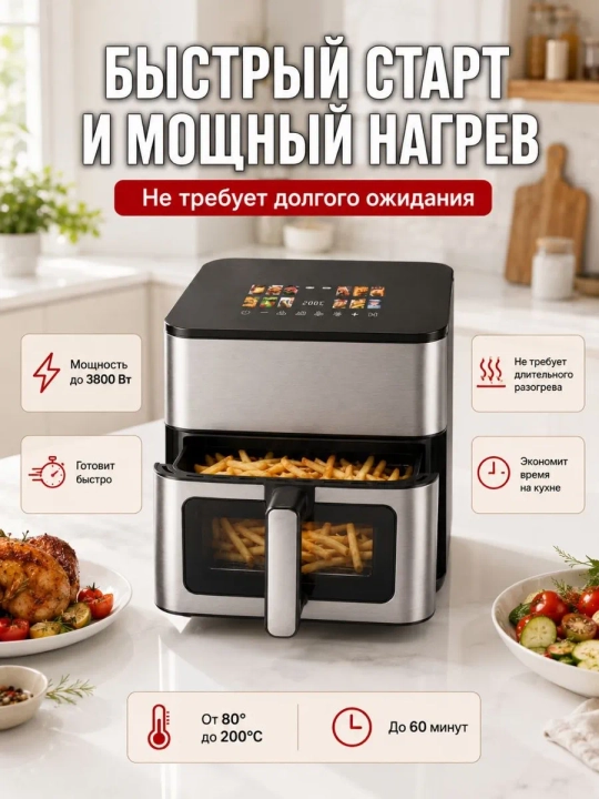 Aqilli elektr Aerogril, yog'siz pishirish uchun multipech, 12 tasi 1, 12 litr, 3000 Vt