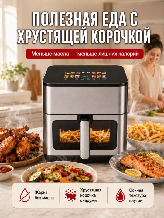 Aqilli elektr Aerogril, yog'siz pishirish uchun multipech, 12 tasi 1, 12 litr, 3000 Vt