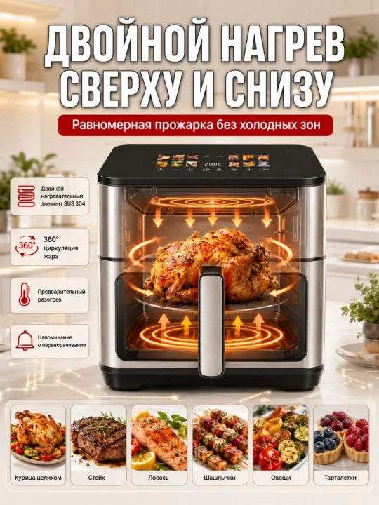 Aqilli elektr Aerogril, yog'siz pishirish uchun multipech, 12 tasi 1, 12 litr, 3000 Vt