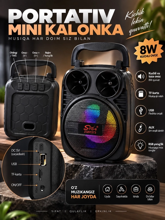 Беспроводная мини Bluetooth колонка с RGB подсветкой, прозрачный корпус, Bluetooth 5.1