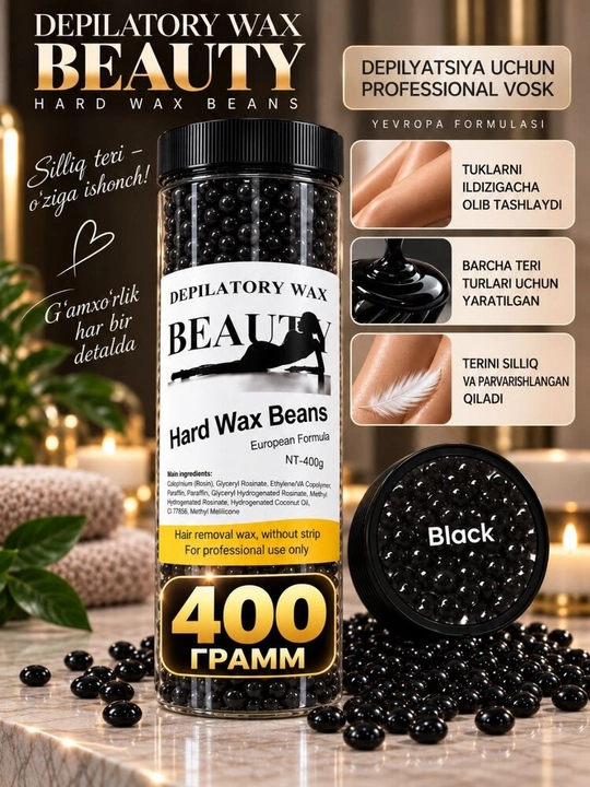 Granulalardagi depilyatsiya uchun mum — terining barcha sohalari uchun uzoq muddatli professional silliqlik - 