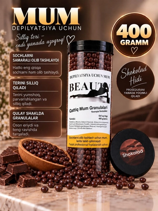 Granulalardagi depilyatsiya uchun mum — terining barcha sohalari uchun uzoq muddatli professional silliqlik - 