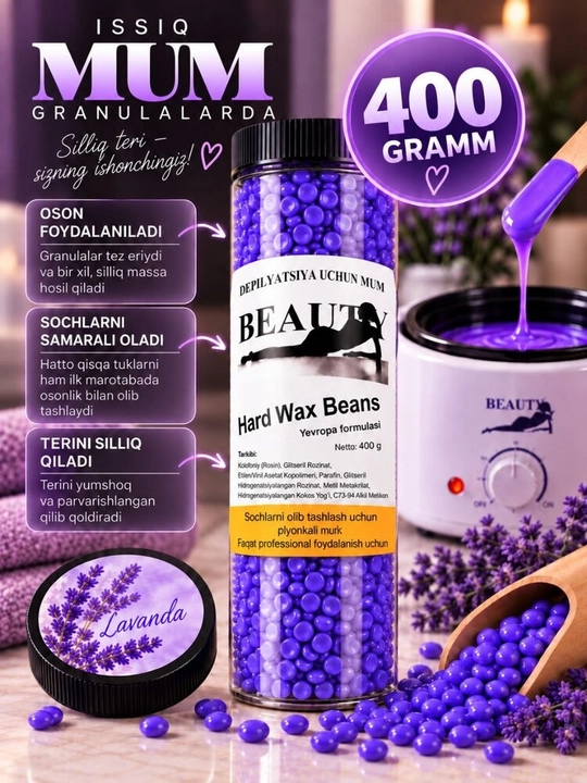 Granulalardagi depilyatsiya uchun mum — terining barcha sohalari uchun uzoq muddatli professional silliqlik - 