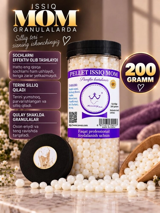 Granulalardagi depilyatsiya uchun mum — terining barcha sohalari uchun uzoq muddatli professional silliqlik - 