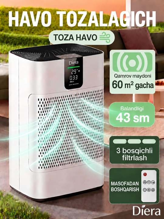Очиститель воздуха, HEPA-фильтр, 60 м², очистка 99%, воздухоочиститель от аллергенов DIERA - 