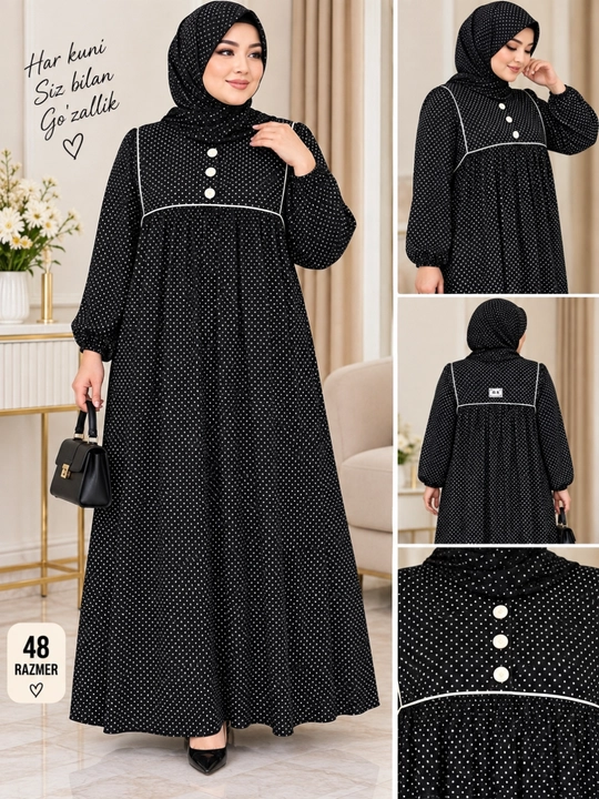Ayollar uchun qora nuqtali uzun ko‘ylak hijobli abaya 48 O'lcham