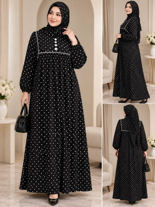 Ayollar uchun qora nuqtali uzun ko‘ylak hijobli abaya 48 O'lcham