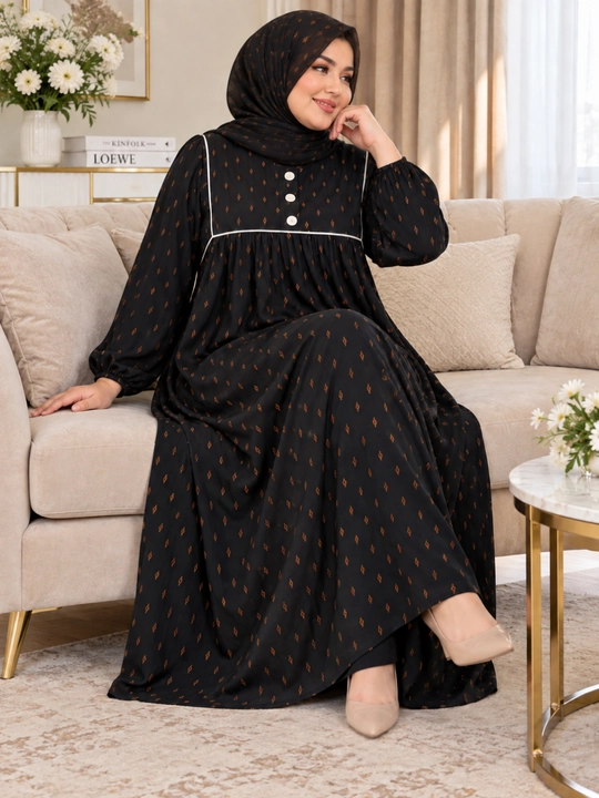 Ayollar uchun qora nuqtali uzun ko‘ylak hijobli abaya 48 O'lcham