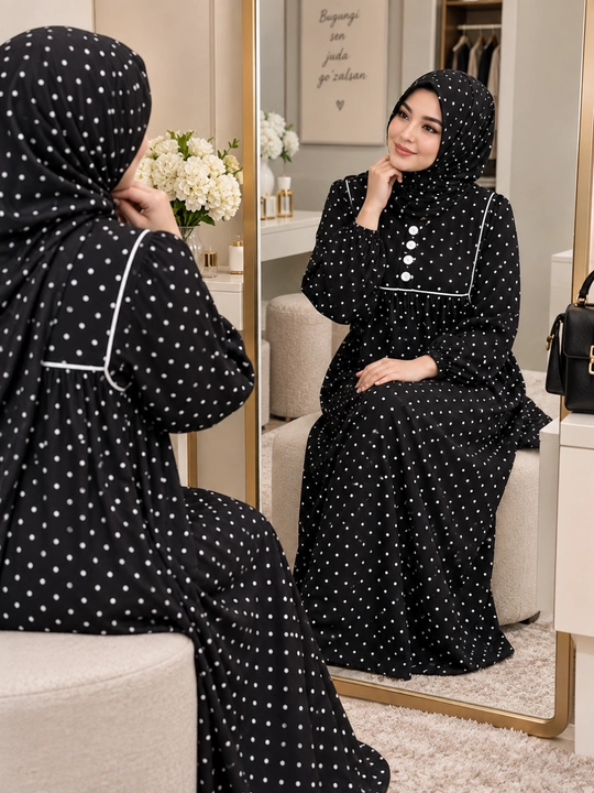 Ayollar uchun qora nuqtali uzun ko‘ylak hijobli abaya 48 O'lcham