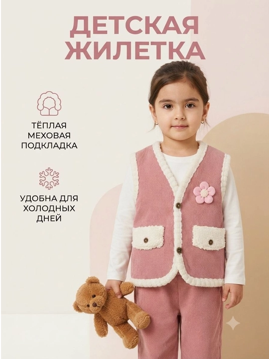 Qizlar va o‘g‘il bolalar uchun issiq nimcha, yumshoq mo‘ynali jiletka 2–4 yosh