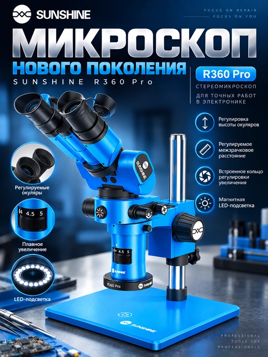 Sunshine R360 Pro тринокулярный микроскоп, 7–45X, складной, окуляр 180°