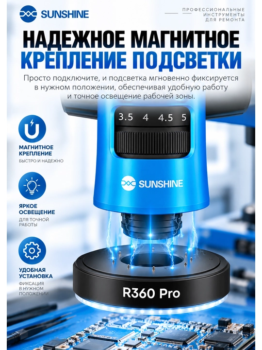 Sunshine R360 Pro тринокулярный микроскоп, 7–45X, складной, окуляр 180°