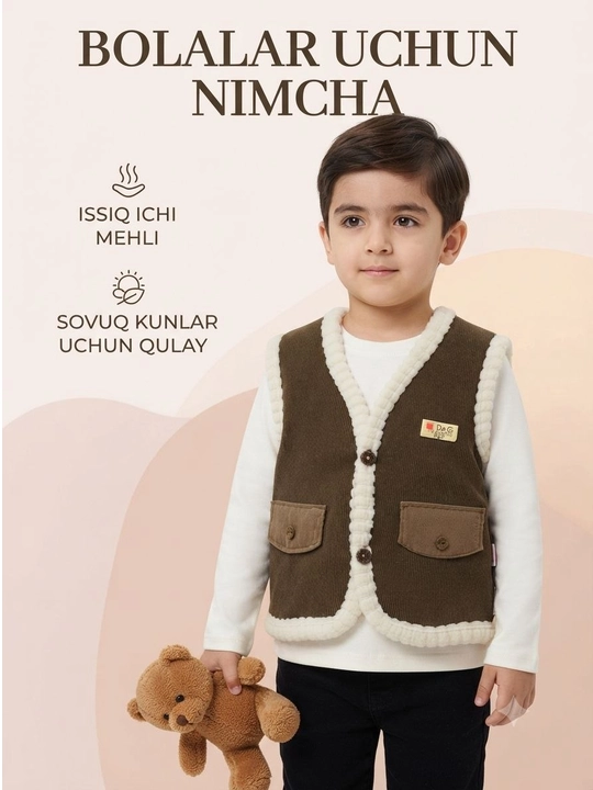 Qizlar va o‘g‘il bolalar uchun issiq nimcha, yumshoq mo‘ynali jiletka 2–4 yosh - 