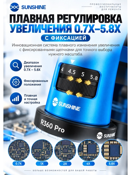 Sunshine R360 Pro тринокулярный микроскоп, 7–45X, складной, окуляр 180°