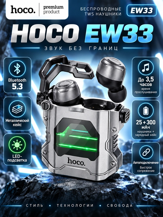 HOCO EW33 simsiz Bluetooth 5.3 TWS quloqchinlari, mikrofonli, LED chiroqli, metall g‘ilof