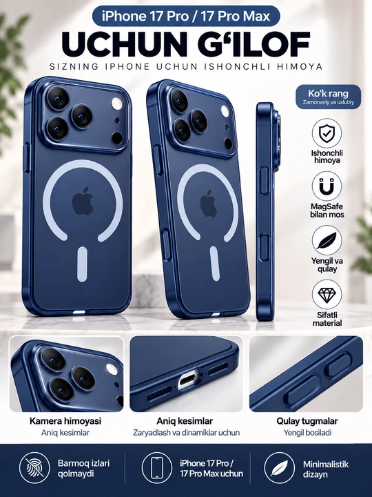 IPhone 17 Pro / 17 Pro Max uchun matoviy MagSafe g‘ilof - 