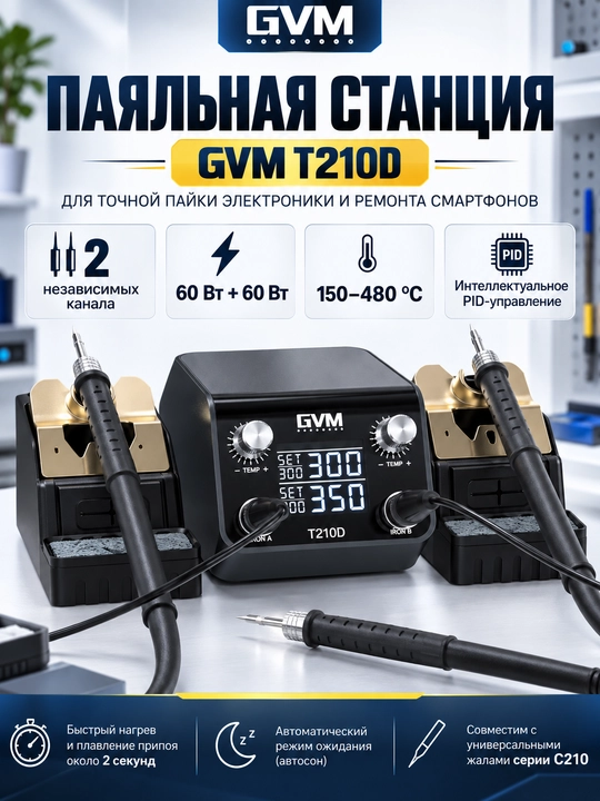 Паяльная станция SUNSHINE GVM T210D, 60Вт, 2 канала, 2 паяльника, C210-I/C210-K - 