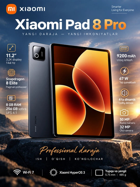 Планшет Xiaomi Pad 8 Pro 8/256 ГБ, 11.2″ 3.2K 144 Гц, Snapdragon 8 Elite, Wi-Fi - 