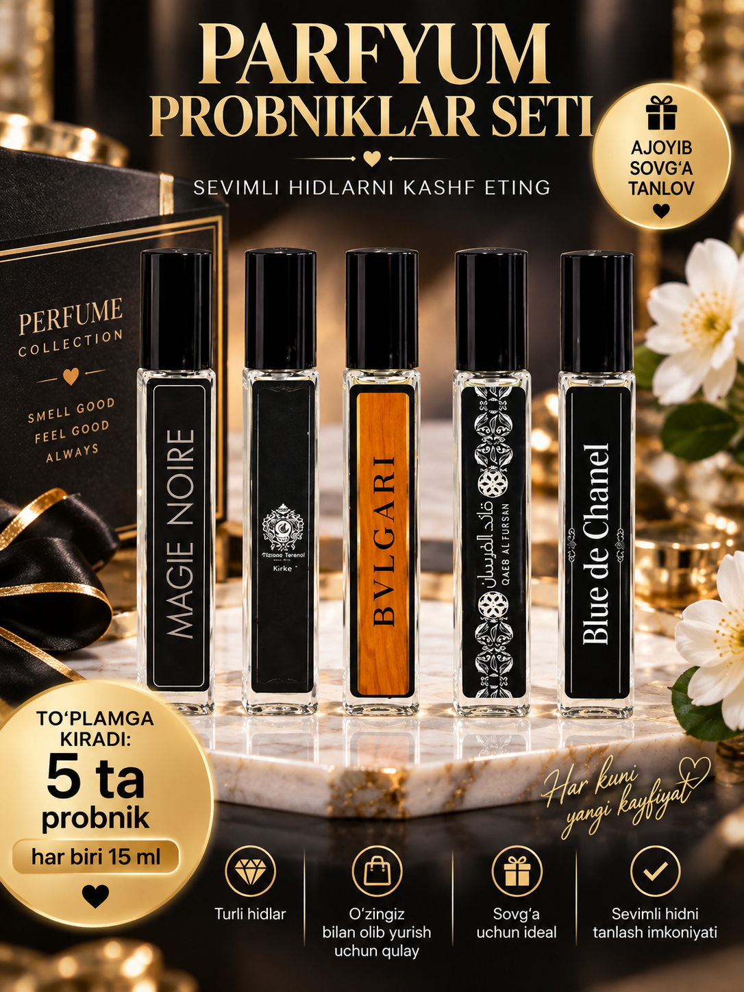 Erkaklar uchun feromonli parfum 5 in 1, 10 ml dan, MNT - 