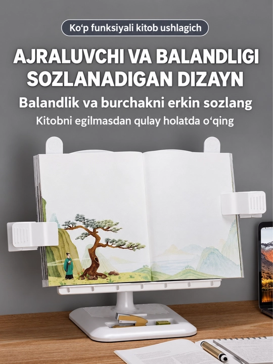 Kitob ushlagichli LED stol lampasi, 3 xil yorug‘lik rejimi, sensorli boshqaruv