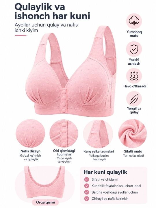 Ayollar uchun qulay ichki kiyim byustgalter, keng yelkali, oldi tugmali, yumshoq matoli - 
