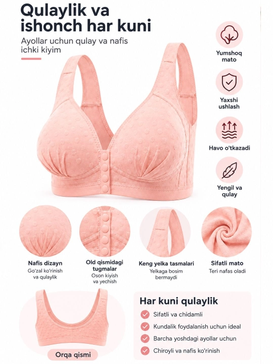 Ayollar uchun qulay ichki kiyim byustgalter, keng yelkali, oldi tugmali, yumshoq matoli - 