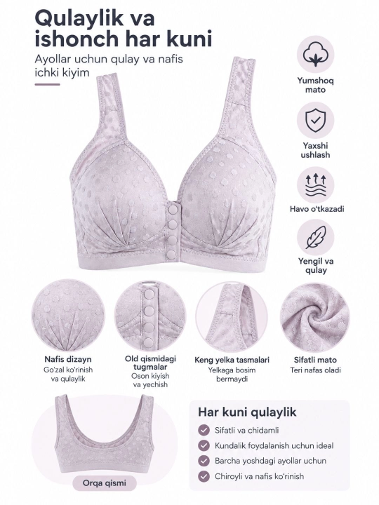 Ayollar uchun qulay ichki kiyim byustgalter, keng yelkali, oldi tugmali, yumshoq matoli - 