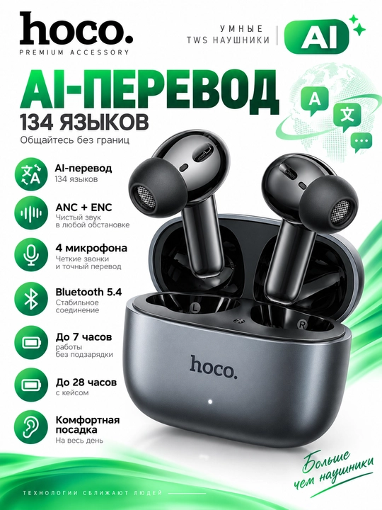 HOCO EQ27 AI simsiz quloqchinlar, 134 tilda tarjimon, Bluetooth 5.4, ANC va ENC - 
