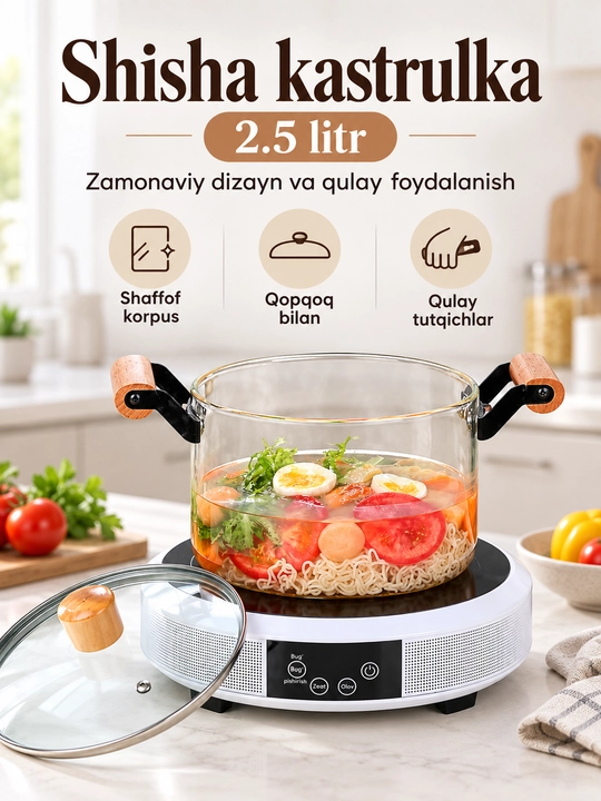 Shisha kastrulka, gaz plitasi uchun qopqoqli, 2.5 litr - 