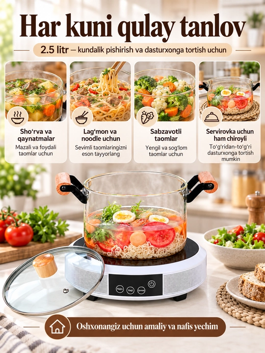 Стеклянная кастрюля, с крышкой для газовой плиты, 2.5 литра