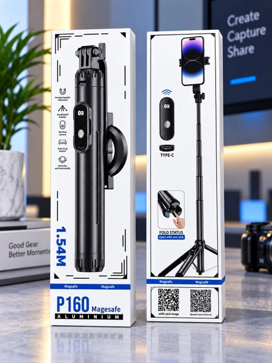P160 MagSafe 1.54 m alyuminiy selfie tayoqcha-tripod — pultli, magnitli telefon ushlagich