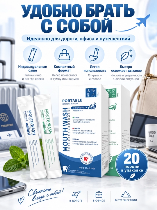 Og‘iz bo‘shlig‘i uchun portativ chayish vositasi, 11 ml × 20 dona sashe