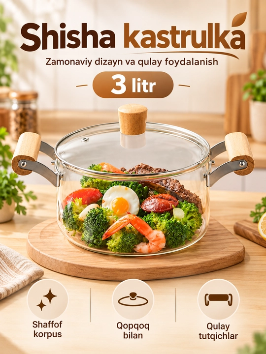 Shisha kastrulka, gaz plitasi uchun qopqoqli, 2.5 litr - 