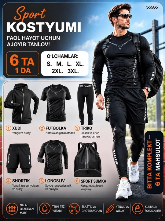 Rashgard erkaklar uchun sport kiyimi sport sumkasi bilan, 6 tasi 1 da, 4 tasi 1 da - 