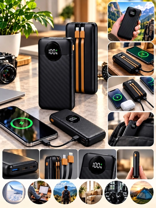 REEX RPB-15 10000 mAh Power Bank, 22.5W tezkor zaryad, ichki kabellar va raqamli displey