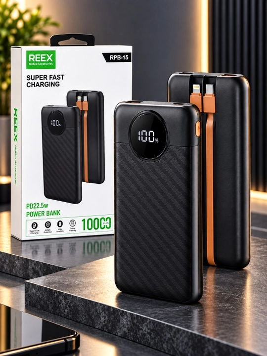 Повербанк REEX RPB-15 10000 мАч, быстрая зарядка 22.5W, встроенные кабели цифровой дисплей - 