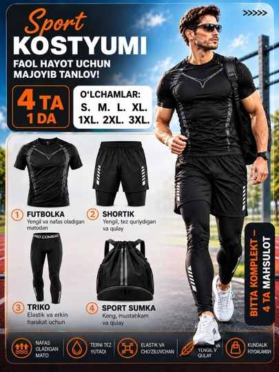 Rashgard erkaklar uchun sport kiyimi sport sumkasi bilan, 6 tasi 1 da, 4 tasi 1 da - 