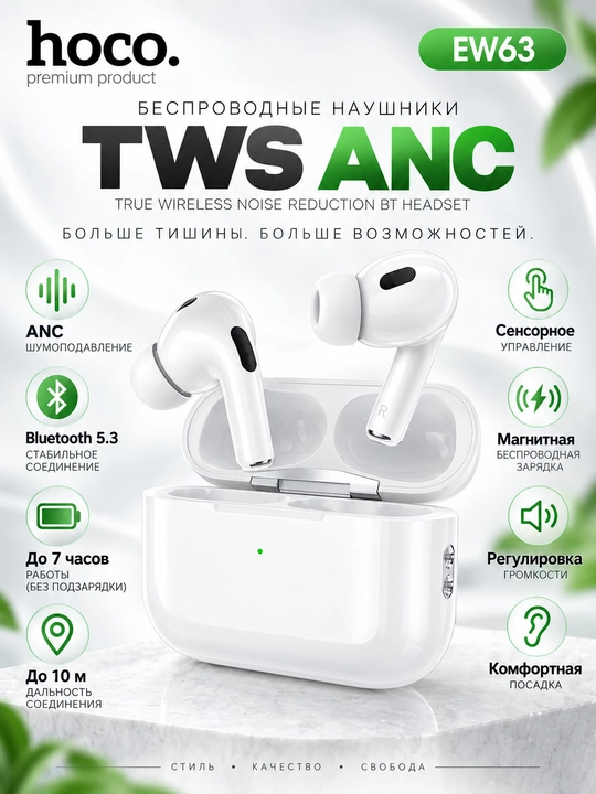HOCO EW63 simsiz Bluetooth quloqchinlar, ANC shovqinni kamaytirish, mikrofonli, oq - 