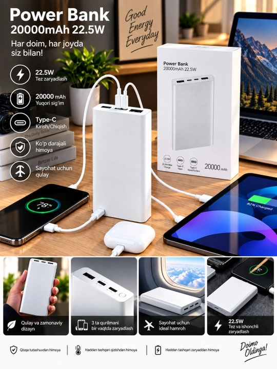 10000/20000 mAh Power Bank, 22.5W tezkor zaryad, Type-C kirish/chiqish bilan