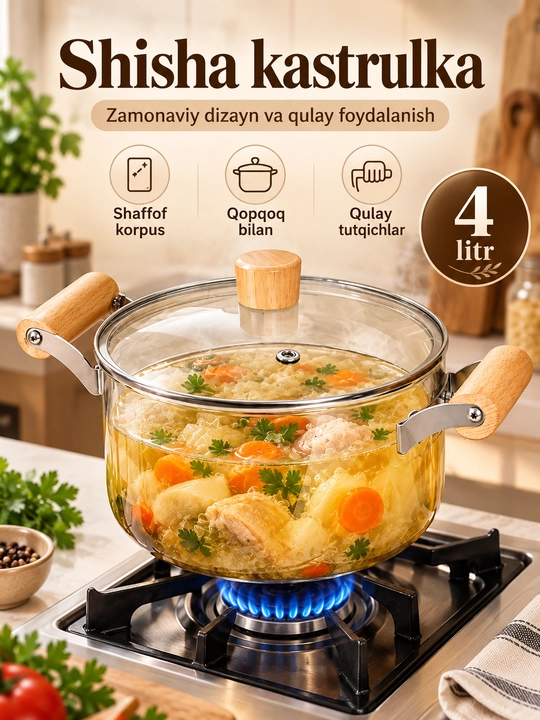 Shisha kastrulka, gaz plitasi uchun qopqoqli, 2.5 litr