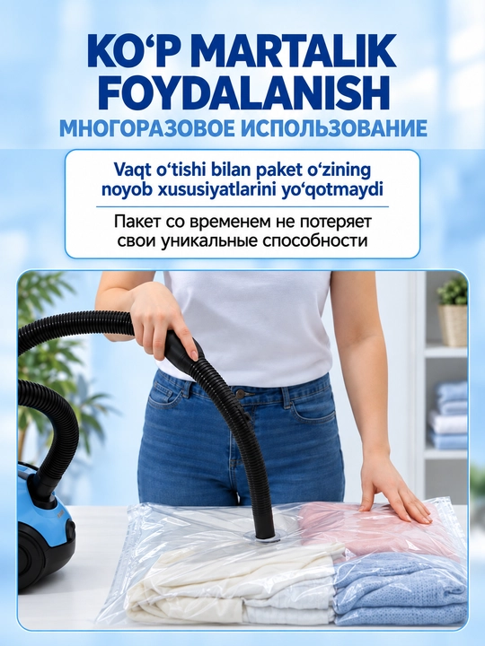 Nasos bilan kiyim uchun vakuumli paketlar to'plami, 5 dona (50x60-2, 60x80-2, 80x100-1)