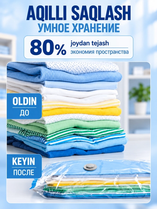 Nasos bilan kiyim uchun vakuumli paketlar to'plami, 5 dona (50x60-2, 60x80-2, 80x100-1)