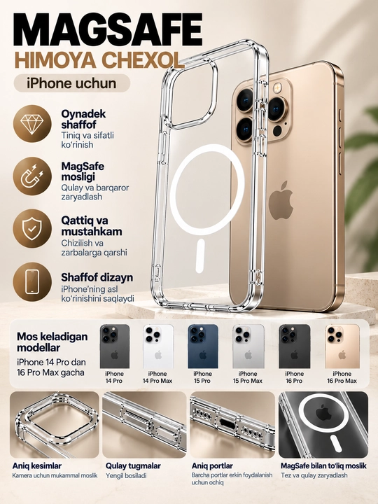 IPhone uchun MagSafe Keramik shaffof himoya chexoli — Iphone 14 15 16 - 