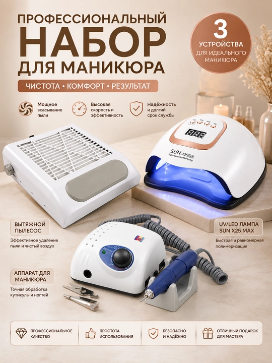 Профессиональный набор для маникюра 3 в 1: лампа SUN X25 MAX, аппарат STRONG 204, пылесос - 