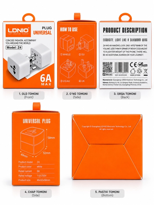 Universal rozetka adapteri (perehodnik) LDNIO Z4, 6A